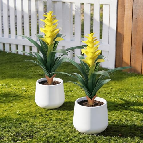 Ivydale Fake Flowers Plants for Outdoors, 2 Pcs 16.93" Bromeliad Artificial Flowers Uv Resistant Realistic Faux Flowers for Outdoor Planters Outside Porch Patio Yard Garden Indoor Decoration(Yellow) - color: Yellow