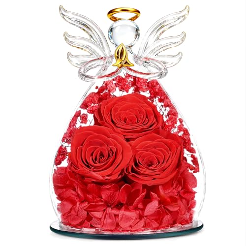 Beferr Gifts for Mom Birthday Gifts for Women, Fresh Flowers for Delivery Forever Preserved Rose in Glass Angel Figurine, Anniversary Christian Real Rose for Grandma Wife Mother from Daughter Son - color: G Red