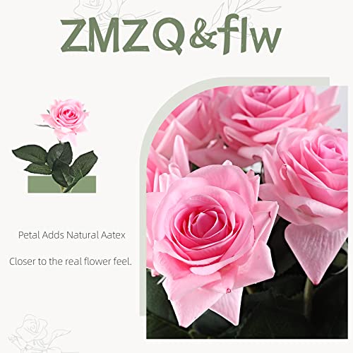 ZMZQ&flw Pink Roses Artificial Flowers 12PCS, Real Touch Silk Flowers, Realistic Single Fake Flower with Individual Stems Leaves - color: Pink 12pcs