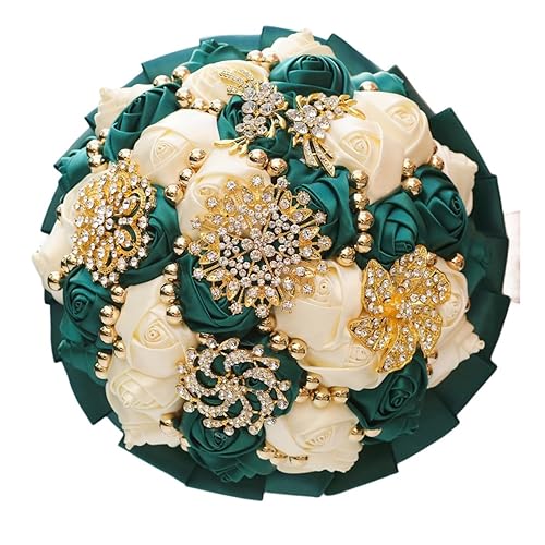 Emerald Green and Ivory Bridal Wedding Bouquet with Gold Brooch Rhinestone Pearl Satin Rose Flower Bouquet for Bride Bridesmaid Quinceanera Wedding Emerald Green and Ivory 9.5in - color: Dark Green & Ivory, size: Diameter: 9.5 inches