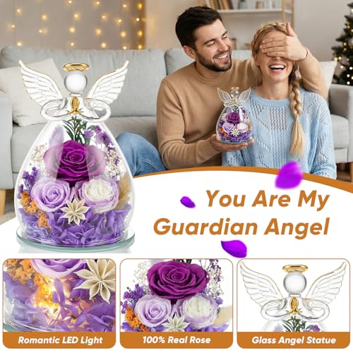 Preserved Rose in Glass Angel Figurine, for Mom/Wife/Grandma, Forever Flowers Rose Anniversary, Graduation or Birthday Gifts for Women Her - color: Purple