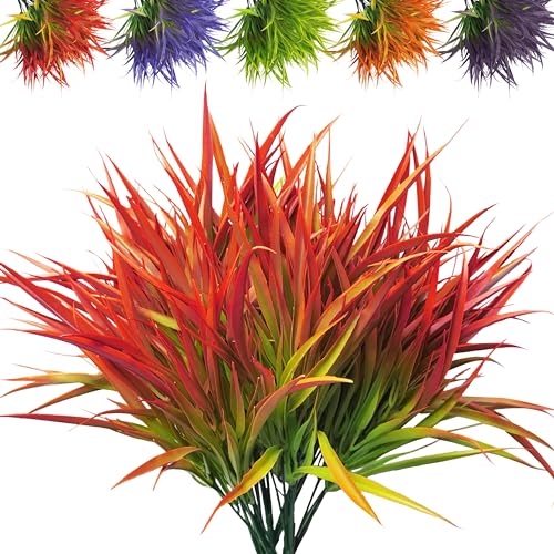 Outdoor Artificial Plants 8 Bundles Fake Plants Grass UV Resistant Fake Flowers Bush Greenery,17Inch Tall Faux Grass Shrubs for Home Porch Pathway Garden Décor Outside Indoor (red) - color: Red