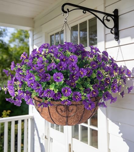 Artificial Fake Hanging Plants Flowers Basket for Outdoors Spring Summer Decoration, Silk Purple Morning Glory Eucalyptus UV Sun Resistant Realistic Faux Flowers for Outside Porch Patio Balcony Home - color: Purple