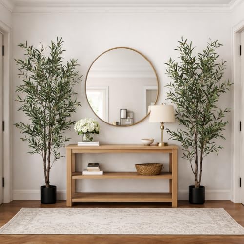 2-Pack Real Touch Faux Olive Tree with 1390 Leaves & 86 Olives, Indoor Potted Fake Plants, Nearly Natural Artificial Plants for Mediterranean Home Decor (Green, 6ft Olive) - size: 6ft Olive