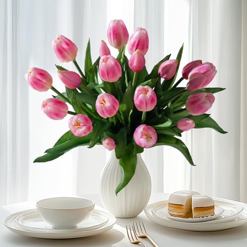 Bailikang 20PCS Fake Tulips 12' Artificial Tulip Silk Flowers Fake PU Bouquet Artificial Flowers Faux Flowers with Gift Box Soft Faux Tulips Bouquets Arrangements for Party Wedding Home - color: Pink