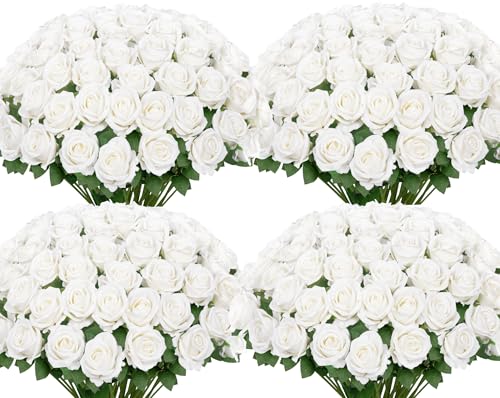 Ouddy Decor 100 Pcs Fake Roses Artificial Flowers Bulk Real Touch Velvet Silk Flowers with Long Stems for Wedding Bridal Bouquet DIY Table Centerpiece Mothers Day Valentines Gifts Home Decor, White - color: White, size: 100 Packs