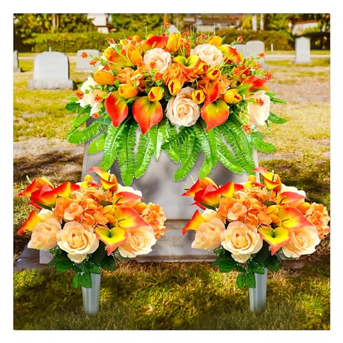 FLOWERIA Headstone Flower Saddle Cemetery Flowers for Grave - Artificial Tulips Roses Sympathy Flowers for Gravesite Decoration - color: Orange, size: 2 Bouquets 1 Saddle