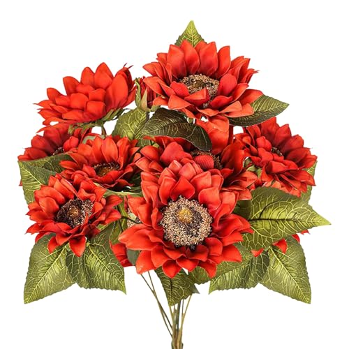 Artificial Sunflower Bouquet, 9 Heads, Silk Fabric with Iron Stems, Vintage Fall Style, Indoor Outdoor Wedding Party Home Garden Decor (Red) - color: Red