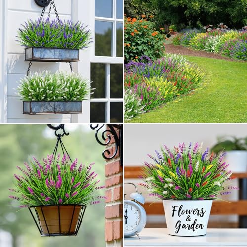 Bassion Artificial Flowers for Outdoors, 24 Bundles Fake Lavender Flowers UV Resistant Mixed Color Plastic Plants Faux Monkey Grass for Home Porch Garden Window Box Indoor Outdoor Decorations - color: Mixed Color