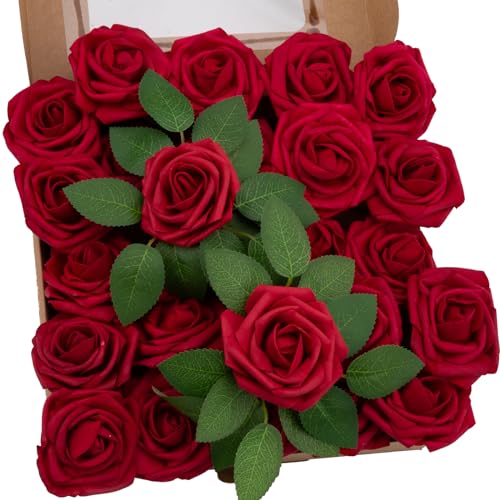 NONMON 100pcs Artificial Flowers Dark Red Rose Real Looking Fake Foam Roses with Stem for Valentine's Day DIY Wedding Bouquets Bridal Shower Centerpieces Arrangements Party Home Decorations - color: Red