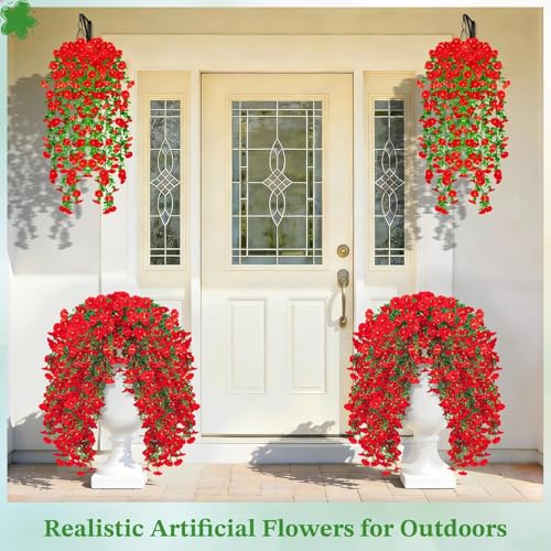 Artificial Hanging Flowers for Outdoors, 4Pcs UV Resistant Artificial Hanging Morning Glory Flowers, Spring Realistic Faux Outdoor Flower for Porch Patio Yard Garden Farmhouse Decor (Red) - color: Red
