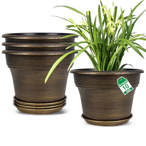 Plant Planters Pots Set of 4 Pack 10 Inch, Plastic Flower Pot For Indoor Plants With Drainage Holes & Trays, Resin Decorative Container Sets With Saucer For House Outdoor Garden Planters Dark Gold - color: Gold, size: 10 inch-4 pack