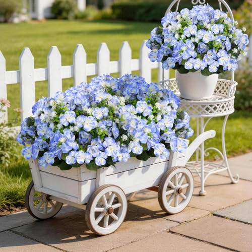 Olatay 12 Bundles Mixed Color Artificial Flowers for Outdoor, Artificial Geraniums Flowers for Outdoor, UV-Resistant Fake Geraniums for Porch, Balcony, Garden, Indoor Decoration (White-Blue) - color: White-blue