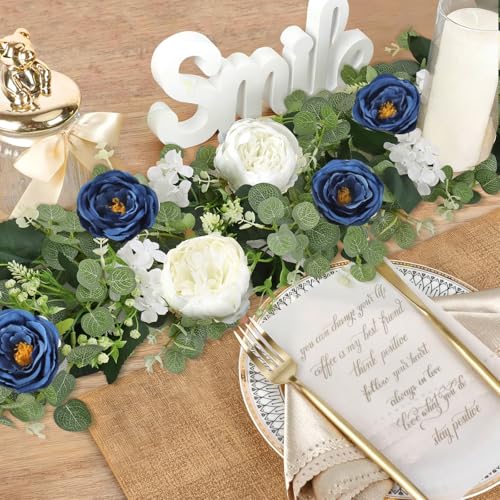 Betylifoy 2 Pack 6.2Ft Blue White Flower Garland Artificial Eucalyptus Flower Garlands Fake Peony Rose Floral Vines Silk Hydrangea Hanging Vine Greenery Garland for Wedding Party Table Backdrop Decor - color: Blue&white