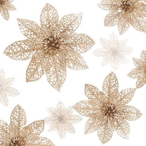 Wironlst 24 Pieces Glitter Poinsettia Flowers Christmas Tree Ornaments, Glitzy Poinsettia Bushes Christmas Decorations for Xmas/Holiday/Seasonal/Wedding (Champagne) - color: Champagne