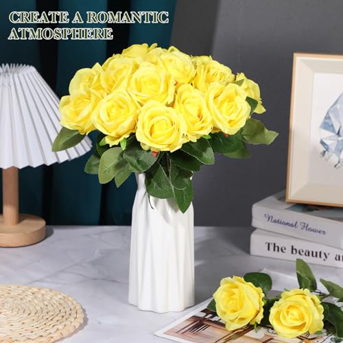 Hotop 20 Pcs Artificial Rose Flowers with Long Stem,Real Lifelike Silk Realistic Plastic Bouquet Roses Bulk for Home Decor Bridal Wedding Party Table Centerpieces Decorations(Yellow) - color: Yellow