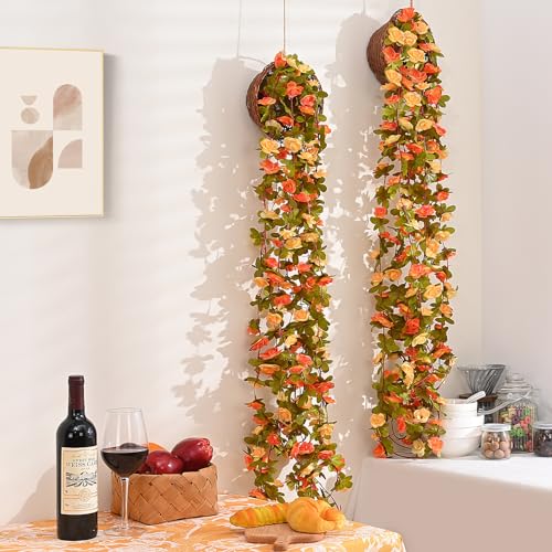 MARTINE MALL Flower Vines, 5 Strands 41Ft Rose Vines for Bedroom, Champagne and Orange Floral Garland for Room Birthday Wedding Party Garden Wall Decor - color: Champagne and Orange, size: 5 Packs
