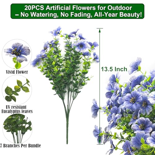 Grunyia 20 Bundles Artificial Flowers for Outdoors, UV Resistant Fake Plants Flowers Greenery Shrubs Plants for Decoration Outside Plants Hanging Planter Home Garden Decor (Blue) - color: Blue