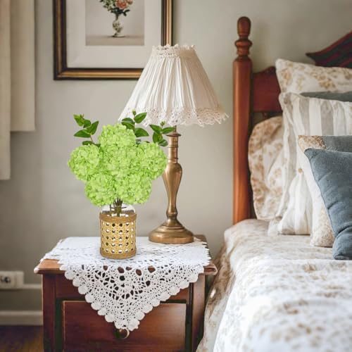 Hollyone Green Hydrangea Artificial Flowers in Woven Glass Vase with Faux Water Silk Hydrangeas Fake Flowers Floral Arrangement for Home Indoor Bathroom Kitchen Office Table Centerpiece Shelf Decor - color: Green-woven Vase