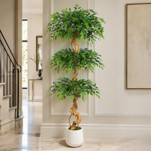 6FT Artificial Ficus Tree, 72in Fake Silk Tree with Natural Curved Trunk & 1860 Lush Leaves, Floor Faux Plant with White Pot, Low Maintenance Decor for Home, Office, Patio - color: Ficus Tree 6ft