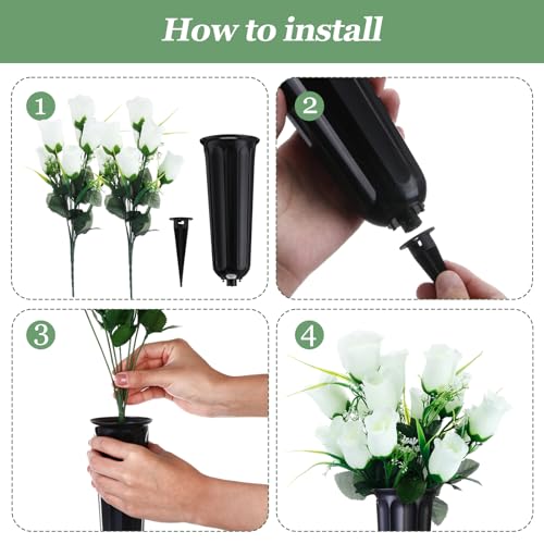 Tigeen 6 Sets Father's Day Cemetery Flowers with Grave Vase 12 Bunches Artificial Rose Memorial Bouquet 84 Heads Fake Silk Flower for Dad Gravesite Graveside Decor(Cream White) - color: Cream White