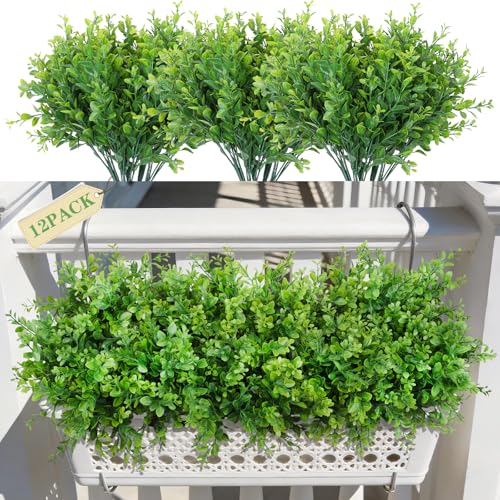 Artificial Plants Fake Greenery for Outdoor Spring Summer Decoration, 12 Bundles UV Resistant Realistic Faux Shrubs Stems No Fade Plastic Boxwood for Planter Garden Patio Balcony Porch Backyard Indoor - color: Green 12