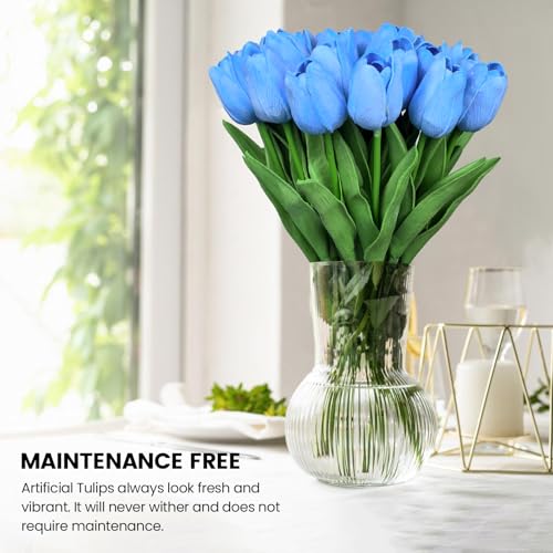 30 PCS Artificial Tulips Real Touch Tulips 13.5inch Long Stem Fake Flowers Silk Flowers for Spring Easter Mother's Day Decorations（Light Blue） - color: Light Blue