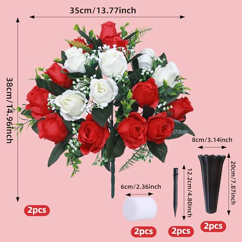 Lodou Set of 2 Artificial Cemetery Flowers, Memorial Flowers Bouquet,Grave Memorial Flowers with Vase for Cemetery Headstones Decoration (Red White) - color: Red White