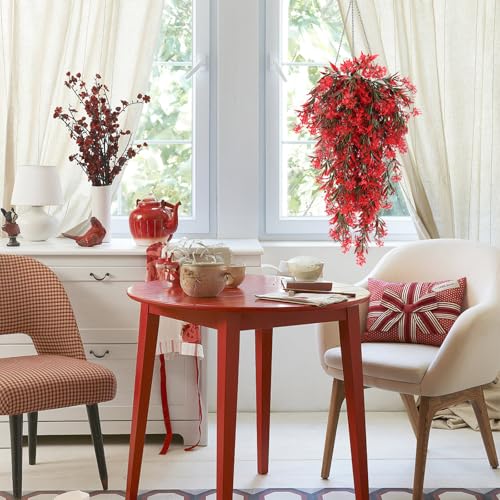 RECUTMS Artificial Hanging Plants 4 Pcs Ferns Plants Large Faux Artificial Hanging Plants Wall Plants Fake Ivy Room Decor Home Garden Wedding Party Indoor Outdoor Decorations(Red) - color: Style1-red