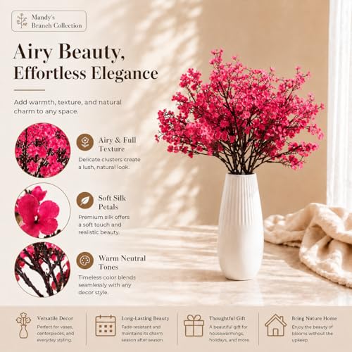 Mandy's 6 Bundles Artificial Hot Pink Baby’s Breath Flowers | 18.5 Inch Silk Gypsophila European Style Modern Home Decor Centerpiece Neutral Wedding Flower Arrangements - color: Hot Pink