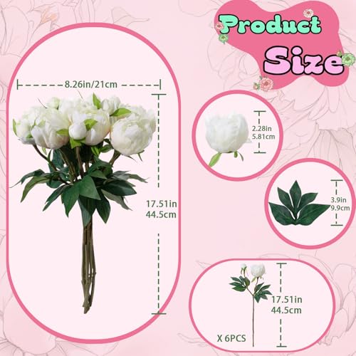 ucky 6PCS White Peonies Artificial Flowers, Realistic 2 Heads Silk Peonies with Stems & Buds, 17.51" Faux Peony Bouquets for Wedding Centerpieces DIY Home Table Vase Decor - color: White