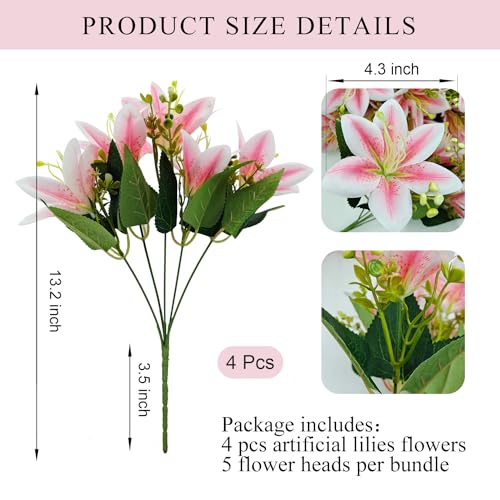 4 Bundles Artificial Tiger Lily Silk Flowers Faux Fake Lilies Plants for Wedding Bouquet Home Party Indoor Table Hotel Office Vases Floral Arrangements Outdoor Garden Decor (Pink) - color: Pink