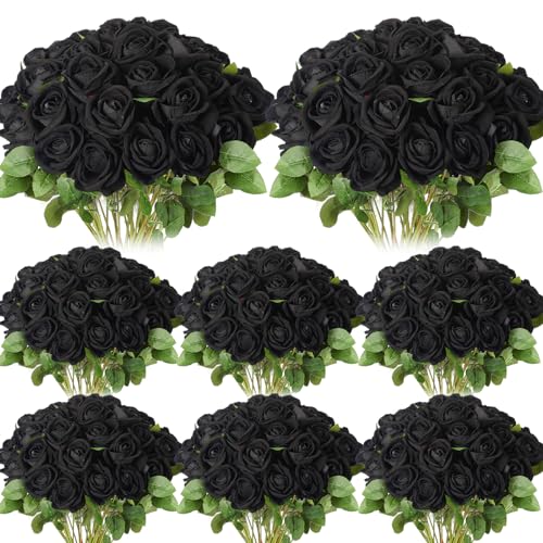 Hotop 80 Pcs Rose Artificial Flowers Bulk with Long Stem, Silk Roses Realistic Fake Flowers Bouquet for Wedding Table Centerpieces Bridal Shower Party Home Decorations(Black) - color: Black