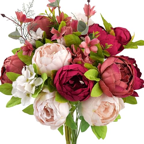 FiveSeasonStuff Burnt Pink and Dusty Pink Vintage Artificial Peonies Silk Flowers and Hydrangeas for Wedding Bridal Home Decor – Beautiful Floral Centerpiece Bouquet (Fireside Romance) - color: Fireside Romance (Burnt Pink and Dusty Pink)