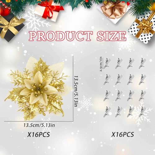 16Pcs Gold Poinsettia Flowers Artificial Christmas Flowers Decorations with Clips, Glitter Poinsettia Christmas Decorations for Xmas Tree Ornaments Winter Party Wreath Decor - size: 16PC Gold Poinsettia