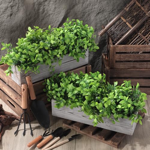 Lyrow 2 Pack 16 '' Artificial Eucalyptus Plants in Rectangular Rustic Wooden Planter Box Faux Potted Herb Plant Greenery Centerpiece for Cabinet Windowsill Table Shelf Wedding Decor (Whitewashed) - color: White, size: 16 ''