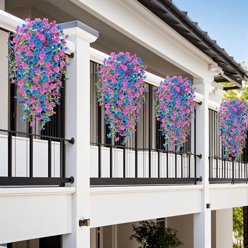 Artificial Flowers for Outdoors Home Decor, 2 Packs Faux Daisy Silk Flower Realistic Fake Plants for Front Porch Courtyard Outside Hanging Floral Spring Summer Fake Planter Decoration (Purple Blue) - color: Dpurple Blue