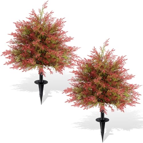 ENVEN Artificial Topiary Ball Trees with Ground Spikes UV Resistant Faux Greenery Shrubs Fake Shrubs for Outdoors, Realistic Faux Plants Bushes for Garden Porch Yard Patio Decor (Red Green Cedar) - color: Red Green Cedar