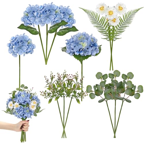 Hydrangea Artificial Flowers, 12PCS Mixed Blue Faux Flowers with Hydrangea & Daisies, Up to 16.1 Inch Long Silk Fake Flowers for Vase DIY Wedding Bouquet Party Centerpieces Arrangement Home Decor - color: Hydrangea, Blue