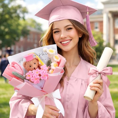 Graduation Crochet Flower Bouquet Set Includes Bear Knitted Tulips Forget-me-nots Lily of the Valley Greeting Card Gift Bag 2026 Pink Flower Bouquet Graduation Gift - color: Pink, style: Knitted Bear and Tulip