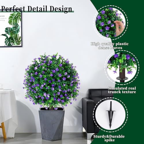 Artificial Purple Flower Boxwood Topiary Ball Trees,2 Set of 16'' UV Resistant Fake Evergreen Shrubs Bushes Plants with Ground Spike, Fake Plants for Outdoor Indoor Front Porch Garden - color: Purple Flower