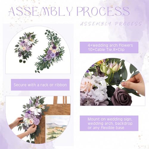 Hotop Wedding Arch Flowers Set of 4 Artificial Flower Swag Wedding Faux Floral Swag with 10 Cable Tie and 8 Clip for Party Welcome Signs Ceremony Reception Backdrop Decor(Dreamy Purple) - color: Dreamy Purple