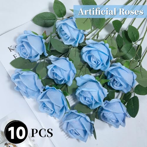 10 PCS Artificial Roses with Long Stems Silk Flowers Realistic Foam Flowers Fake Roses for Valentine's Day Home Wedding Decor(Light Blue) - color: Light Blue