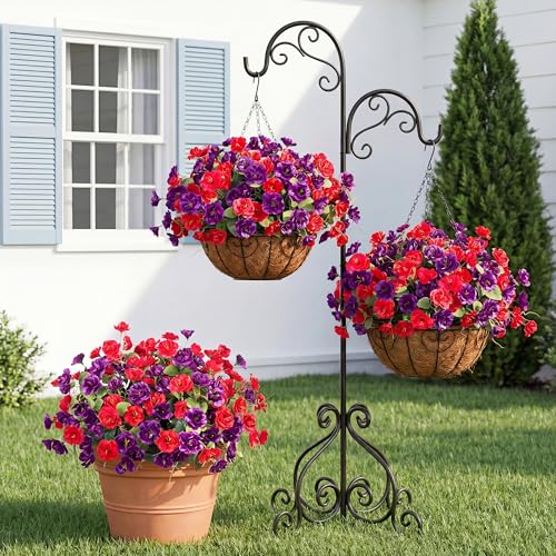 Artificial Flowers for Outdoors, 6 Bundles Silk Fake Hibiscus Flowers for Spring Summer Decoration, UV Resistant Fake Plants Plastic Bouquet for Home Planter Porch Patio Yard Decor(Red Purple) - color: Red,purple