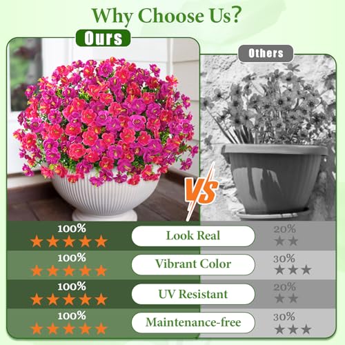 MARTINE MALL 12 Bundles Look Real Artificial Flowers for Outdoors, Realistic Fake Outdoor Flowers, UV Resistant Silk Flowers for Outside Faux Flowers Plants for Outdoor planters Porch Fuchsia&Rose Red - color: Fuchsia&rose Red, size: 12 Bundles