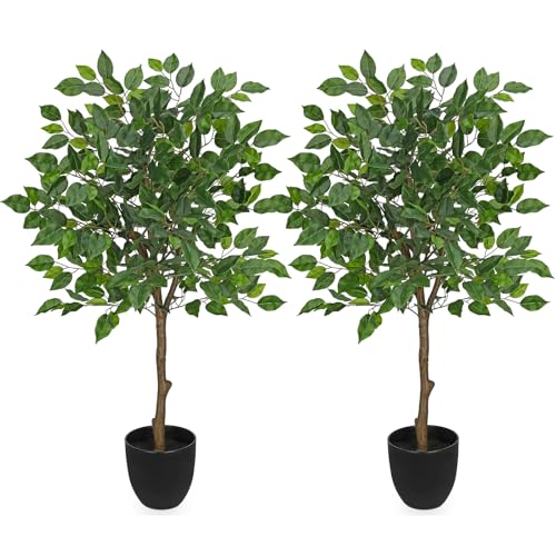 3Ft Ficus Tree Artificial Plants Indoor with Realistic Trunk, 2Pack Tall Fake Potted Tree Faux Floor Plant, Artificial Tree in Pot for Home Living Room Office Bedroom Corner Decor(Green) - color: Green, size: 3Ft -2pack