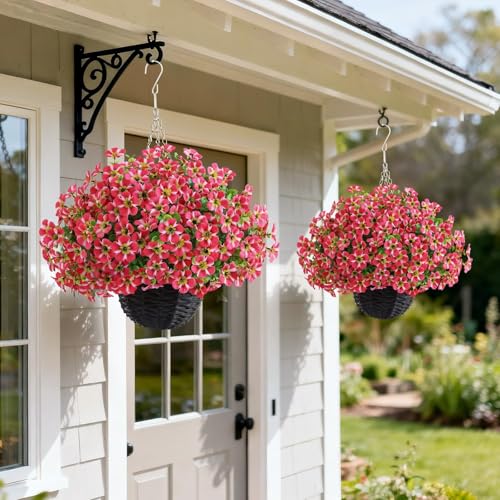 VIERENA 2 Sets Artificial Morning Glory and Eucalyptus Hanging Basket for Outdoor, UV-Resistant Fake Flower Hanging Basket, Suitable for Porch, Aisle, Garden, Patio, Eaves Decor (Rose Red) - color: Rose Red