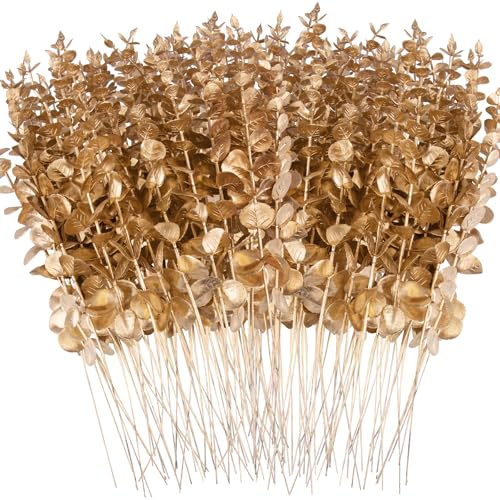 FEQO 120 Pcs Gold Eucalyptus Stems Artificial Leaves Faux Eucalyptus Stems Branches 15 inch for Wedding Bouquet Home Decor - color: Gold, size: 120 pcs