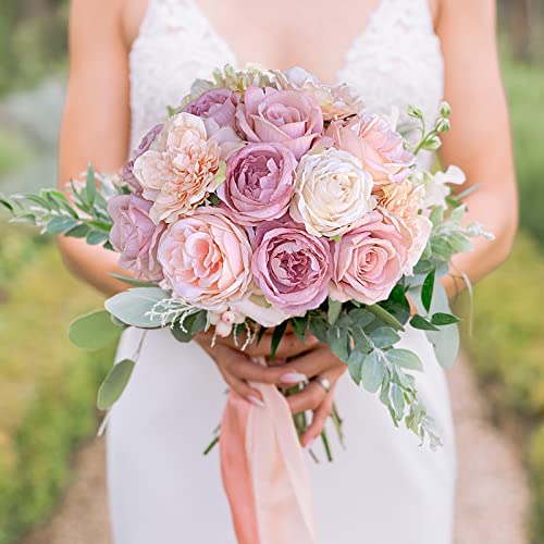 FACINOC Roses Artificial Flowers Pink Bouquets Box Set Fake Flower Bulk for DIY Wedding Bridal Baby Shower Decorations Party Table Centerpieces Silk Floral Arrangements for Home Decor Indoor - color: Y(pink, Peach)