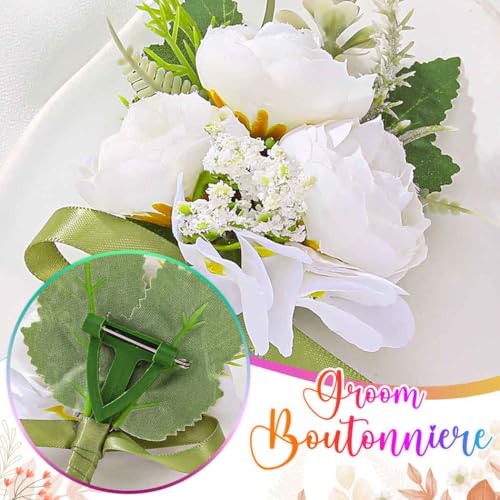 Bride Wedding Rose Boutonniere Men's Flower Buttonholes Groomsmans Prom Suit Decoration for Men (White) - color: White